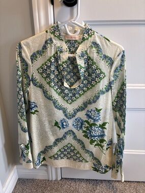 Tory Burch Cream Long-Sleeve Floral Keyhole Top with Blue and Green Accents